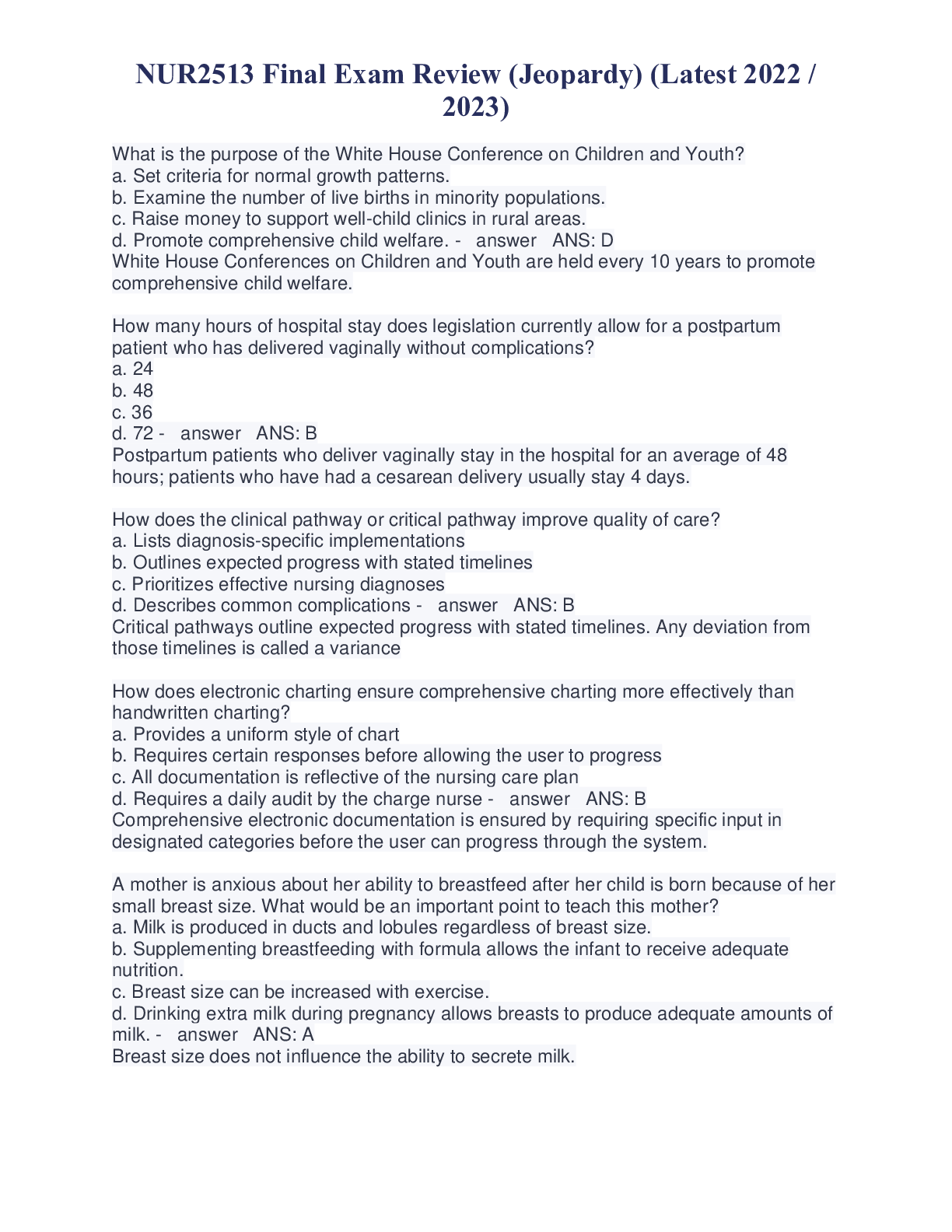 Preview image for NUR2513 Final Exam Review (Jeopardy) (Latest 2022 / 2023): Maternal Child Nursing - Rasmussen